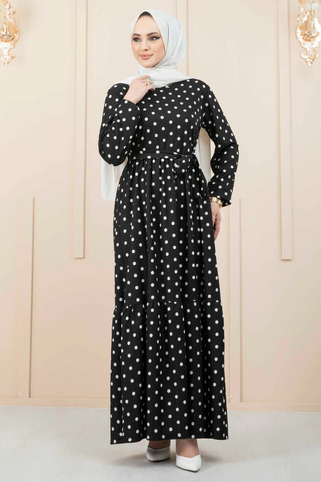 Women's Black & White Polka Dot Crepe Maxi Dress with Belted Waist and Full Sleeves – 56 Inch Length