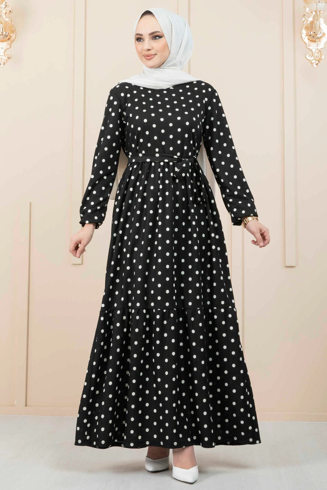 Women's Black & White Polka Dot Crepe Maxi Dress with Belted Waist and Full Sleeves – 56 Inch Length