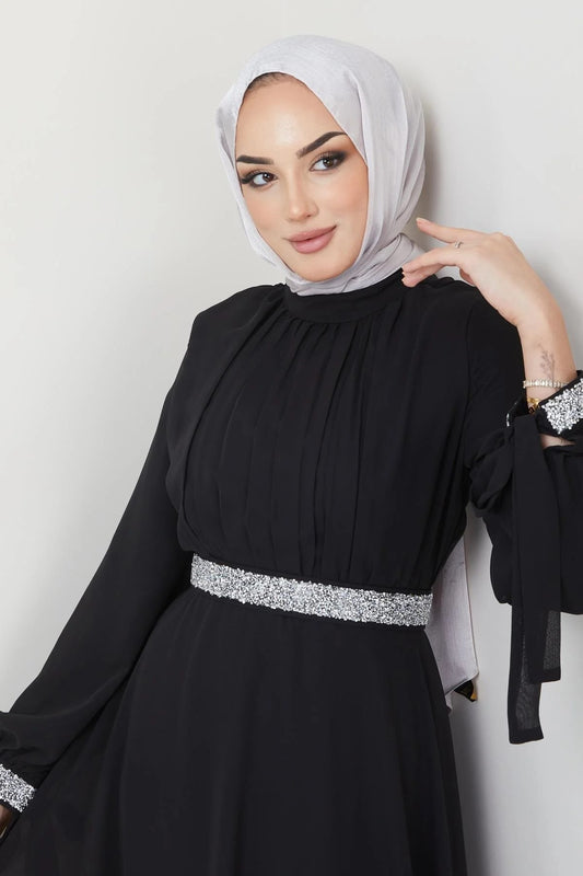 FANCY ABAYA BLACK COLAR GEORGETTE ABAYA WITH DIAMOND WORK BELT AND SLEEVE DIAMOND