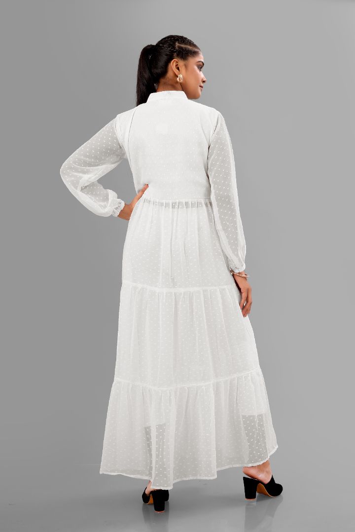 Women's White Long Shrug with Full Sleeves & Front Button Closure