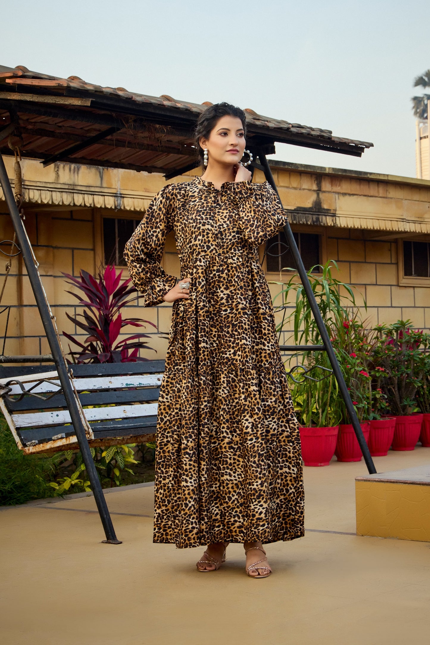 Women's Leopard Print Crepe Maxi Dress with Tiered Design & Full Sleeves