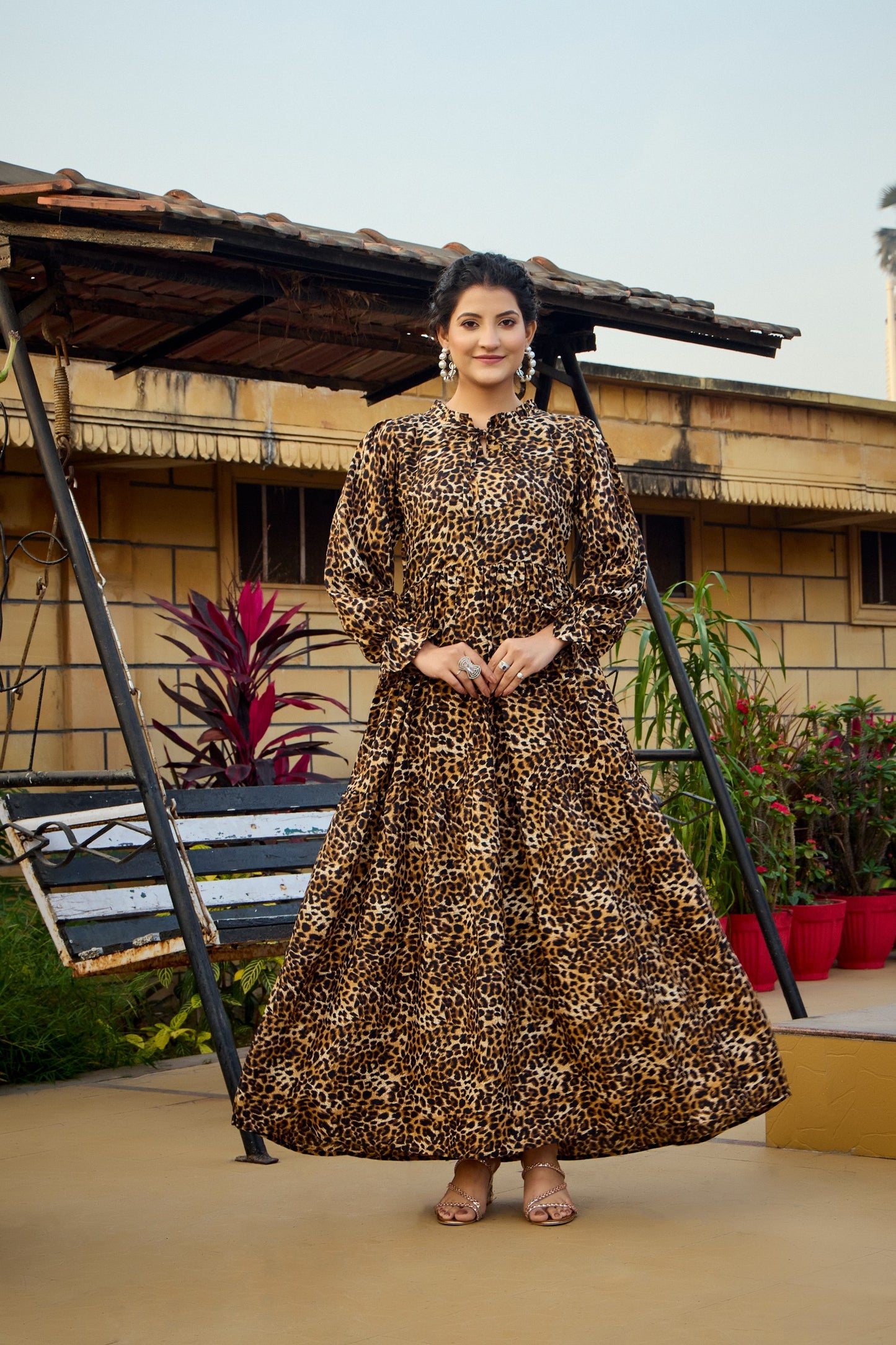 Women's Leopard Print Crepe Maxi Dress with Tiered Design & Full Sleeves