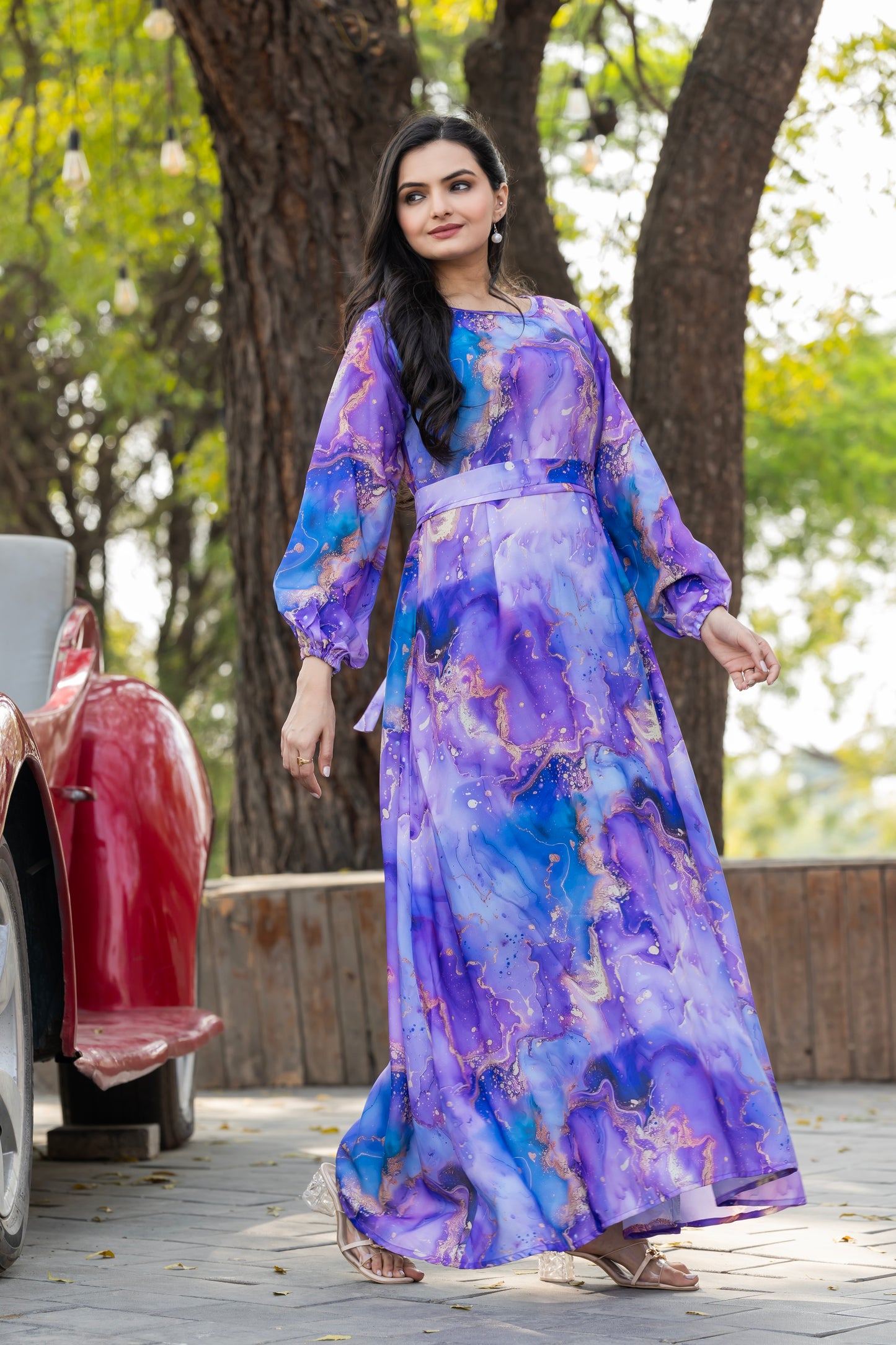 Purple & Blue Print Maxi Dress – Elegant Full Sleeve Abaya for Women