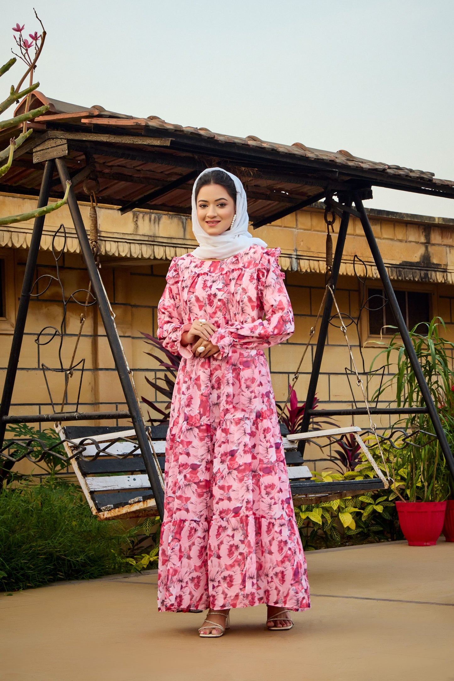 Pink Floral Print Tiered Maxi Dress with Ruffle Detail