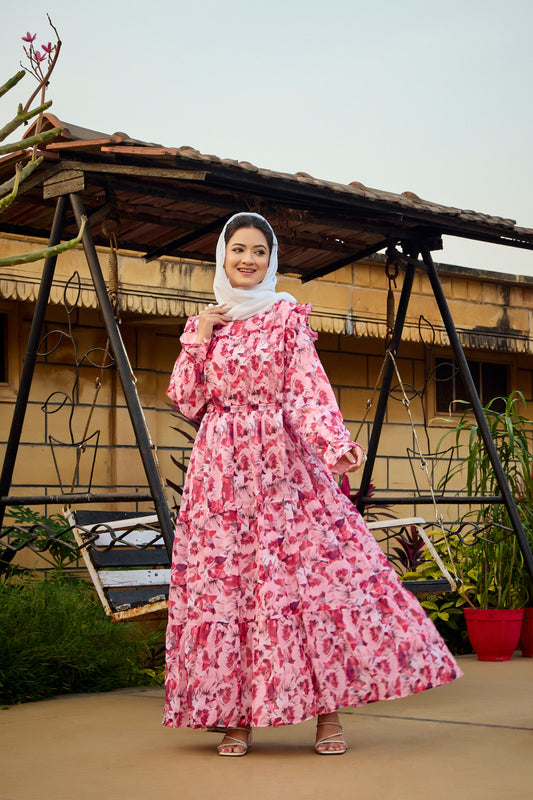 Pink Floral Print Tiered Maxi Dress with Ruffle Detail