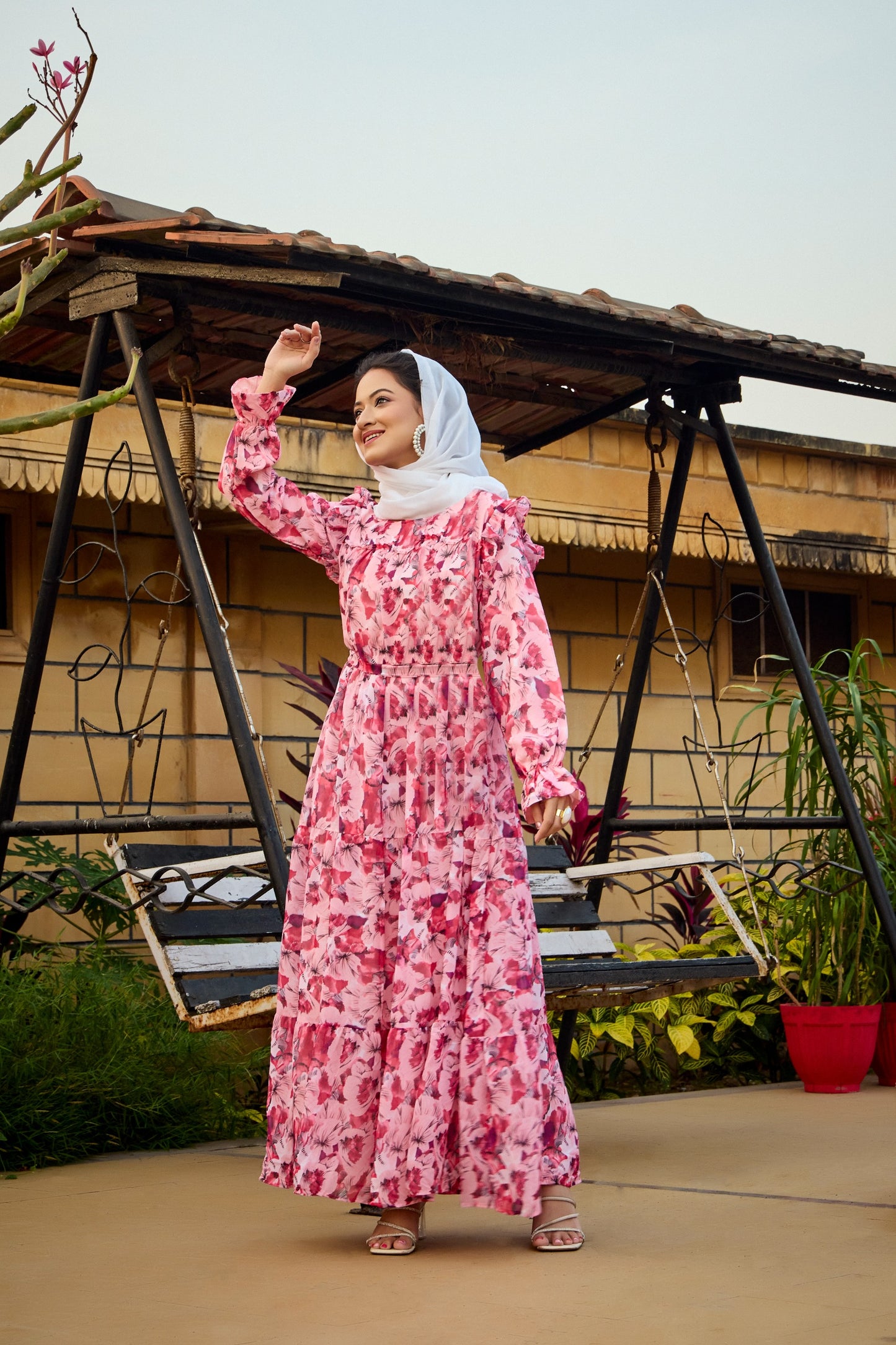 Pink Floral Print Tiered Maxi Dress with Ruffle Detail