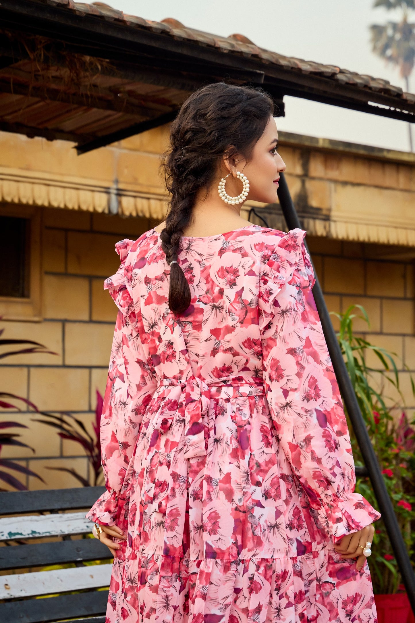 Pink Floral Print Tiered Maxi Dress with Ruffle Detail