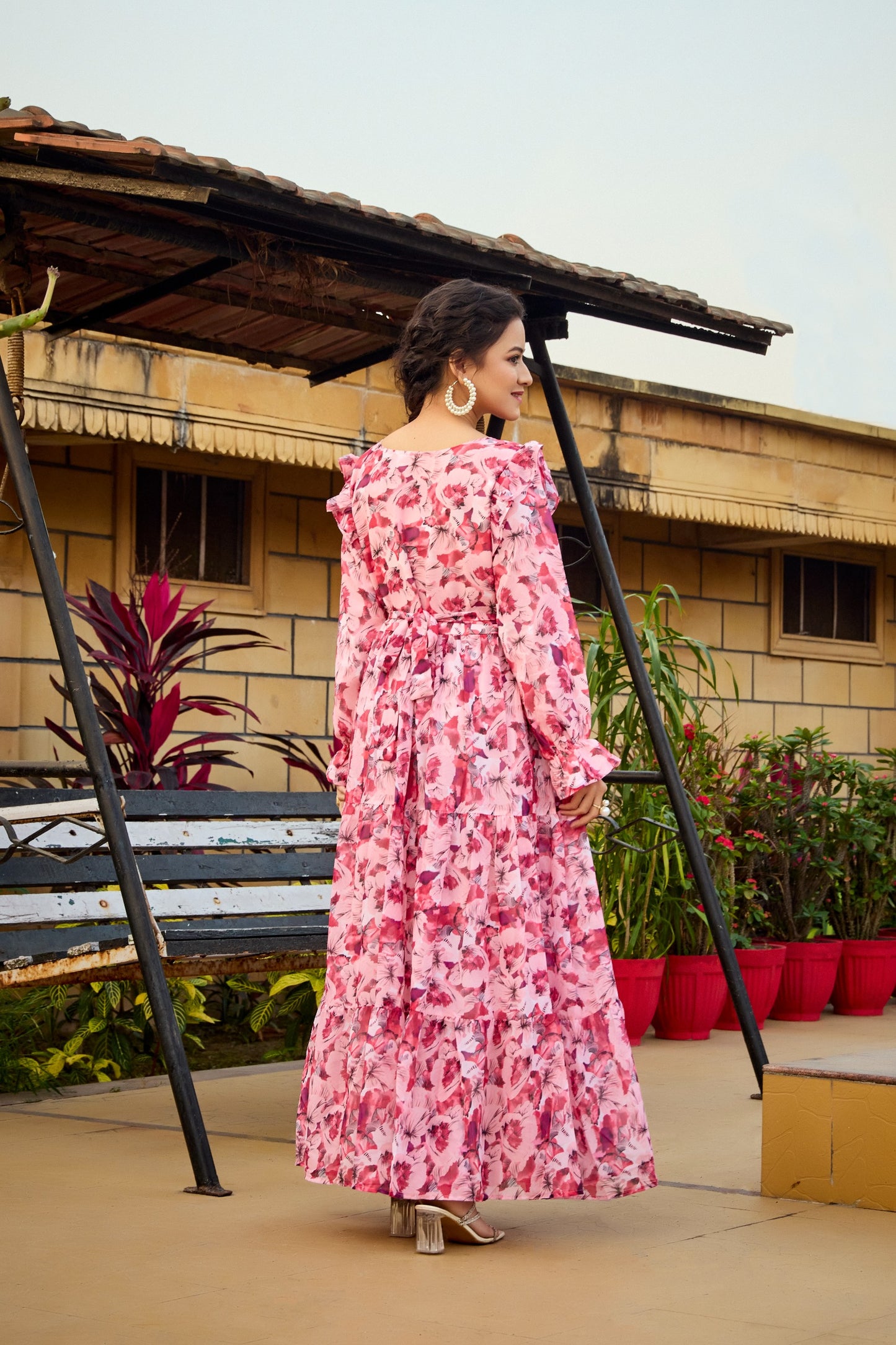 Pink Floral Print Tiered Maxi Dress with Ruffle Detail