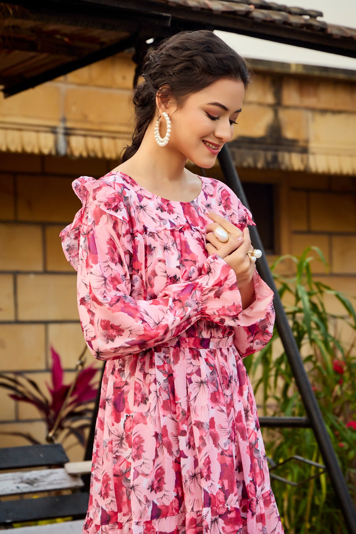 Pink Floral Print Tiered Maxi Dress with Ruffle Detail