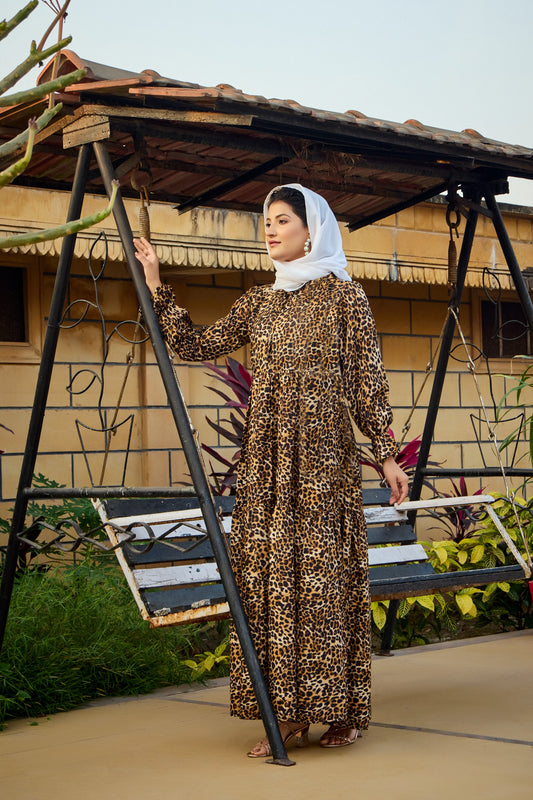 Women's Leopard Print Crepe Maxi Dress with Tiered Design & Full Sleeves