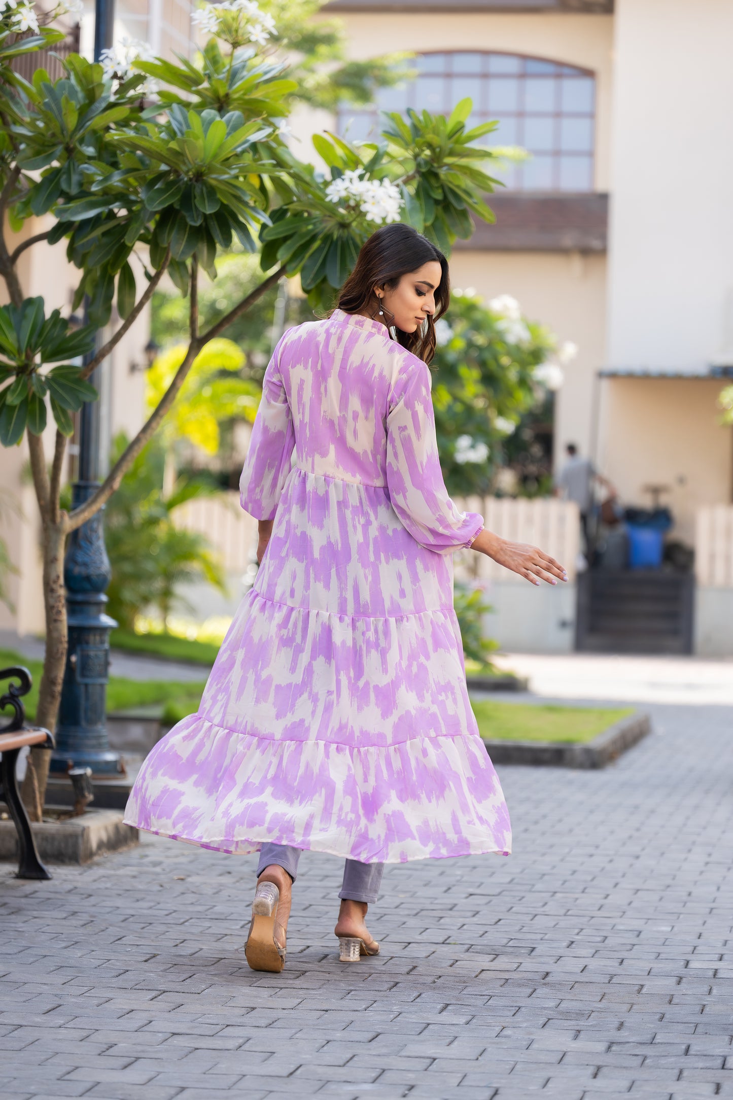 Women's Purple Ikat Printed Long Kurti with Front Button Closure & Flared Hem