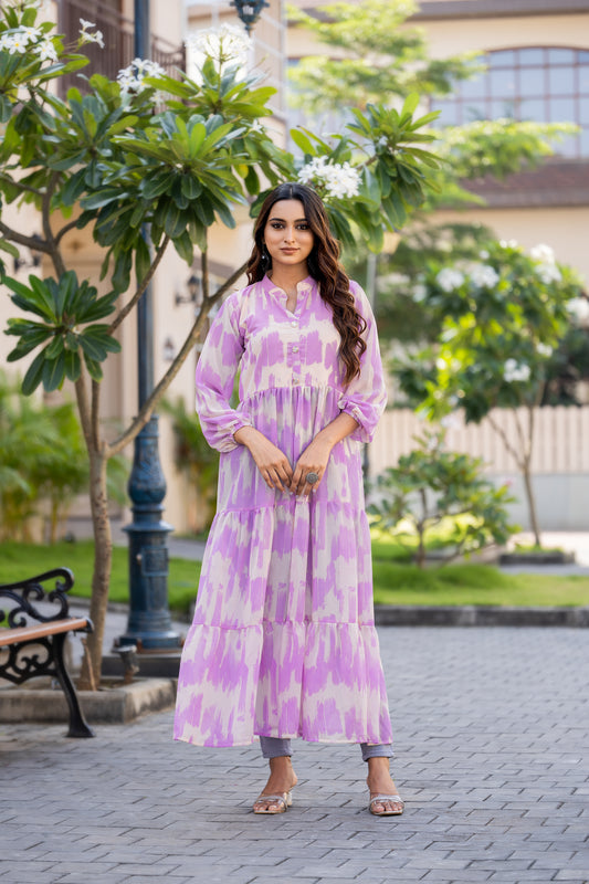 Women's Purple Ikat Printed Long Kurti with Front Button Closure & Flared Hem