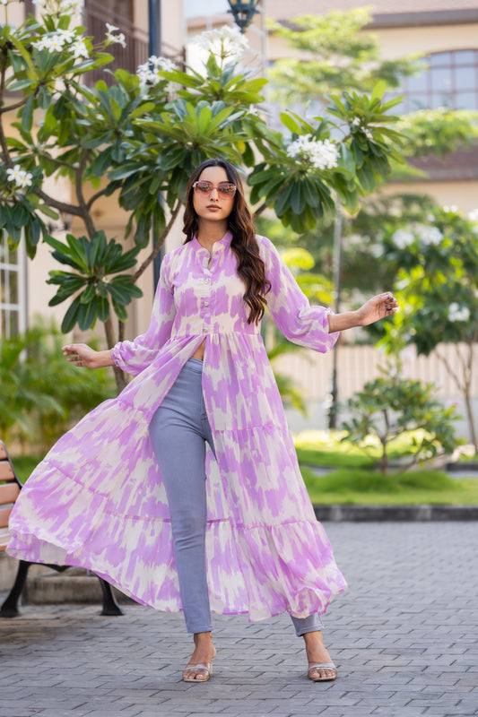 Women's Purple Ikat Printed Long Kurti with Front Button Closure & Flared Hem