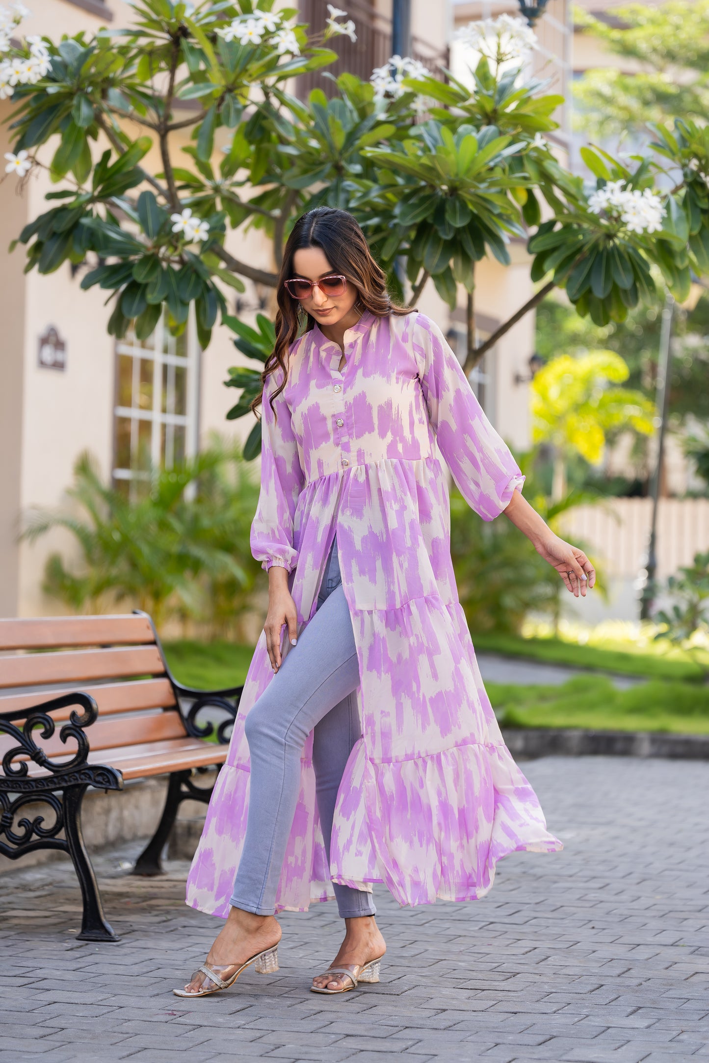 Women's Purple Ikat Printed Long Kurti with Front Button Closure & Flared Hem