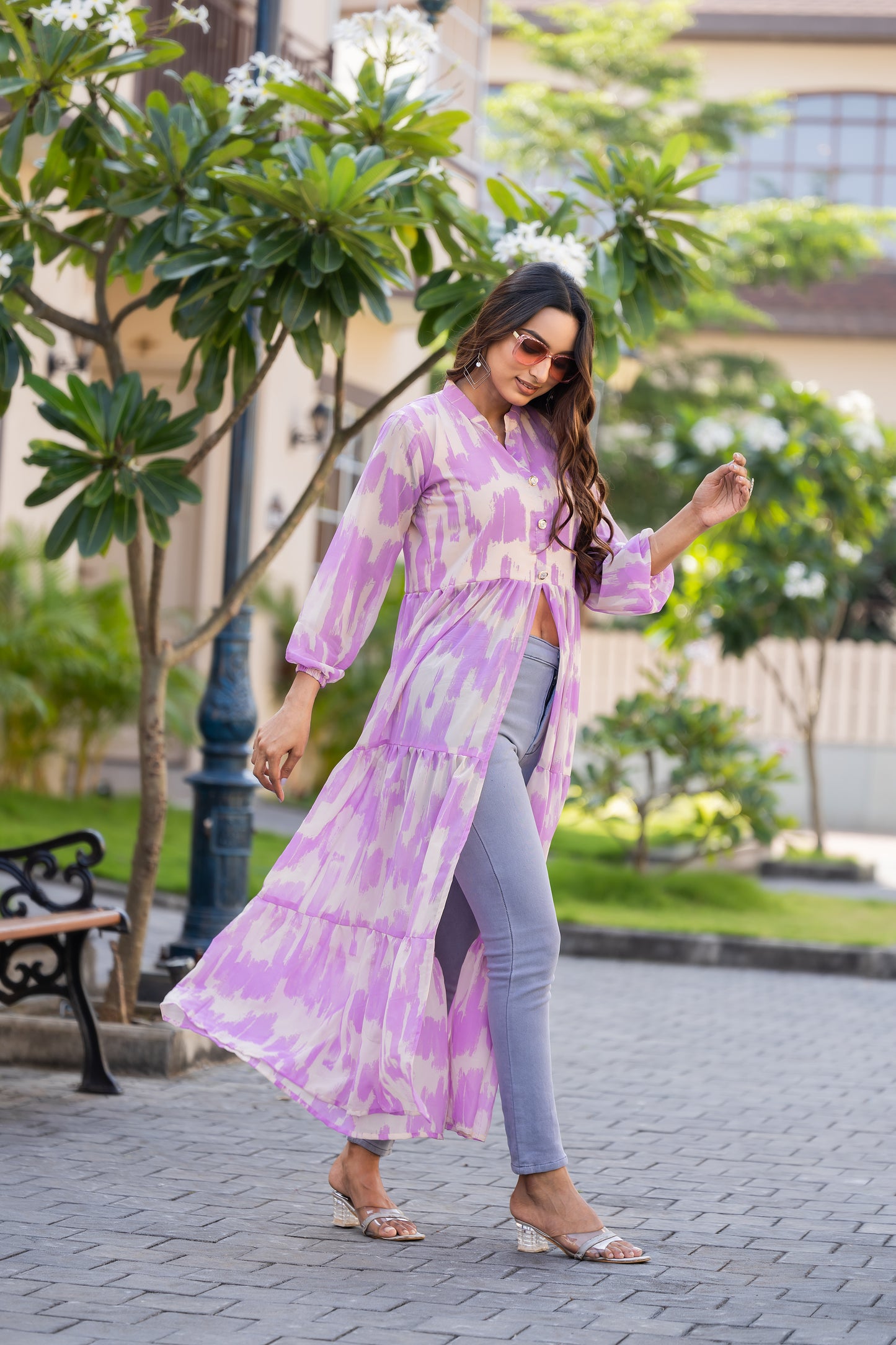Women's Purple Ikat Printed Long Kurti with Front Button Closure & Flared Hem