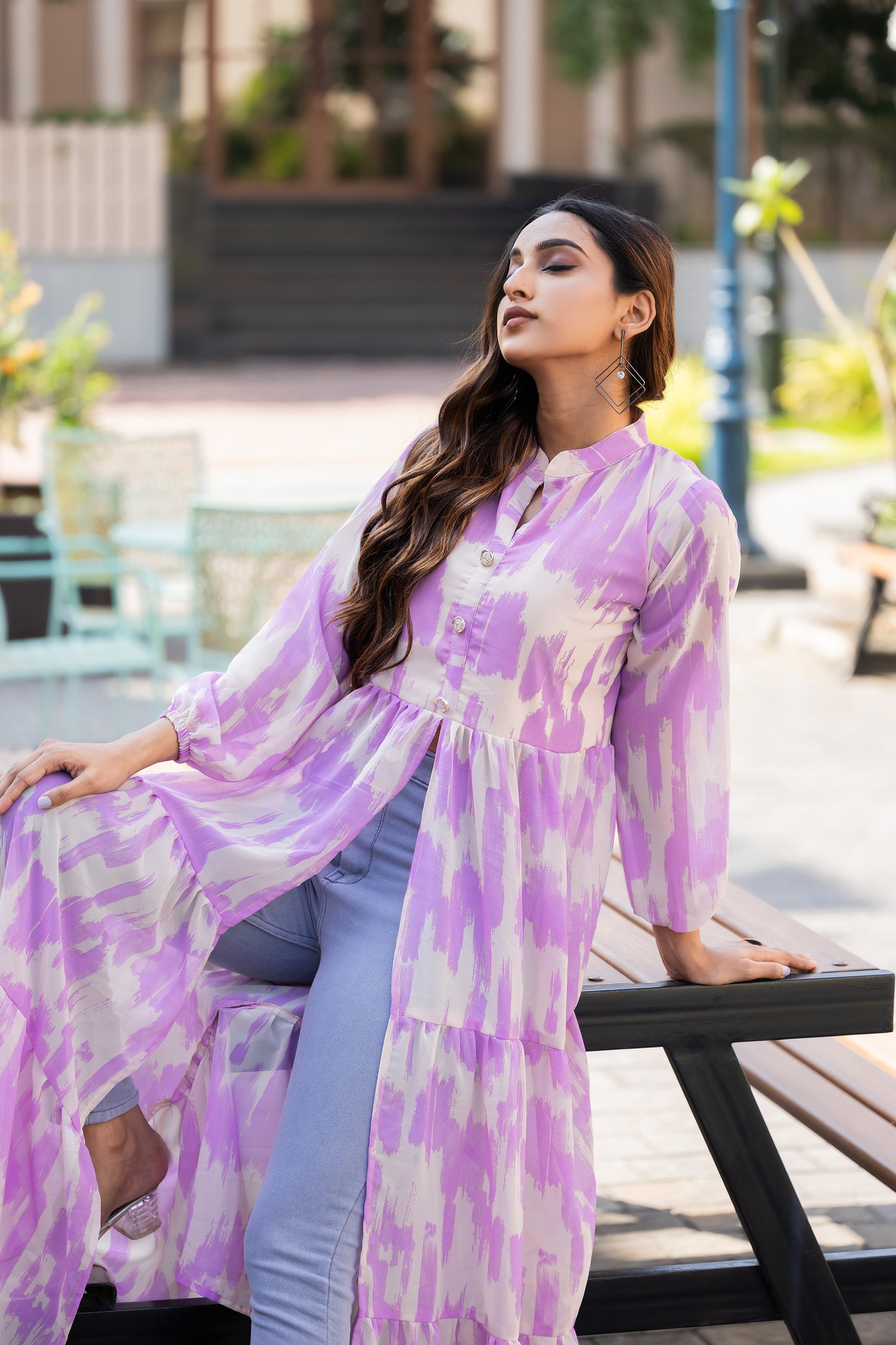 Women's Purple Ikat Printed Long Kurti with Front Button Closure & Flared Hem