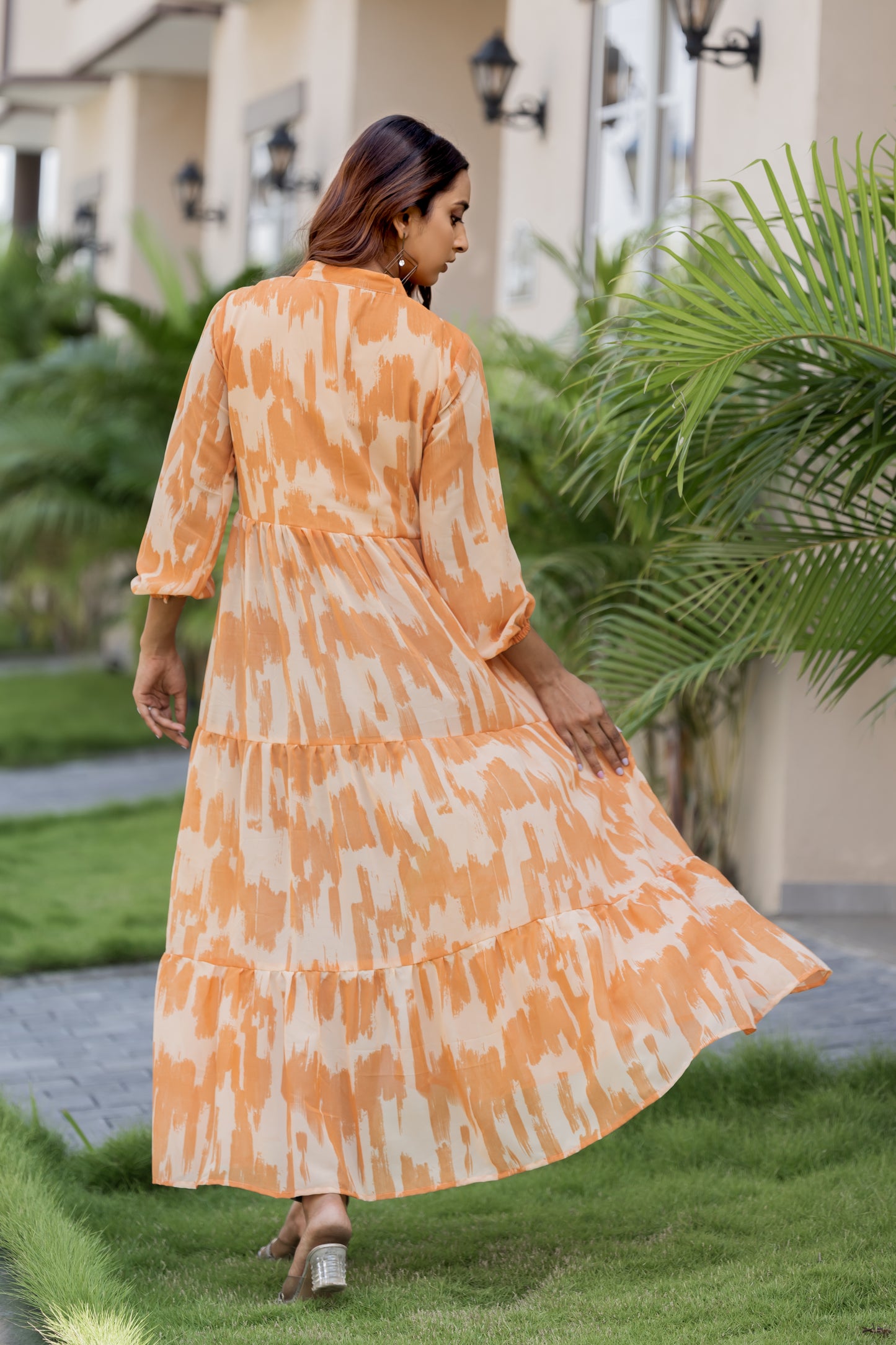 Women's Orange Ikat Printed Long Kurti with Front Button Closure & Flared Hem