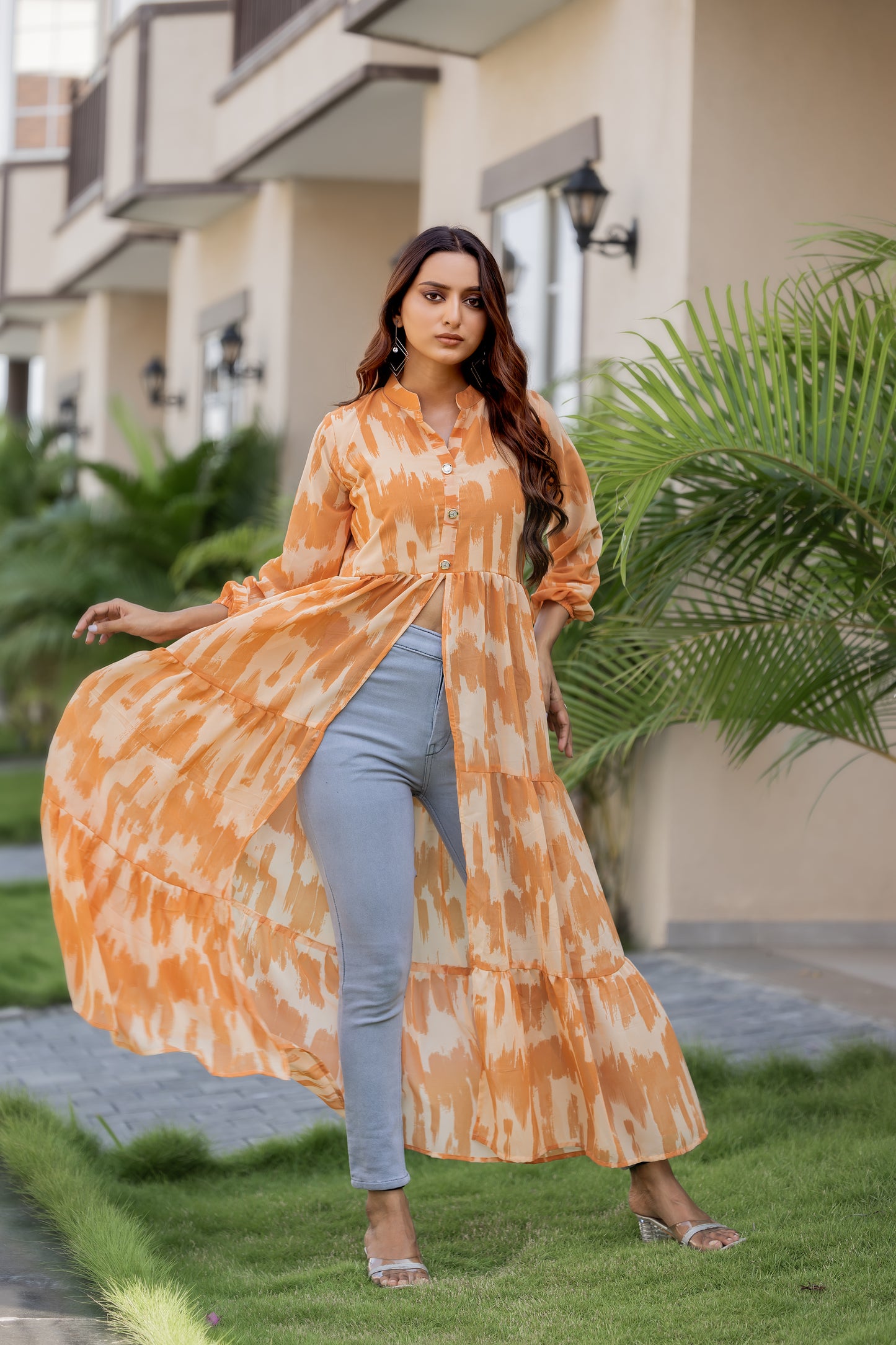 Women's Orange Ikat Printed Long Kurti with Front Button Closure & Flared Hem
