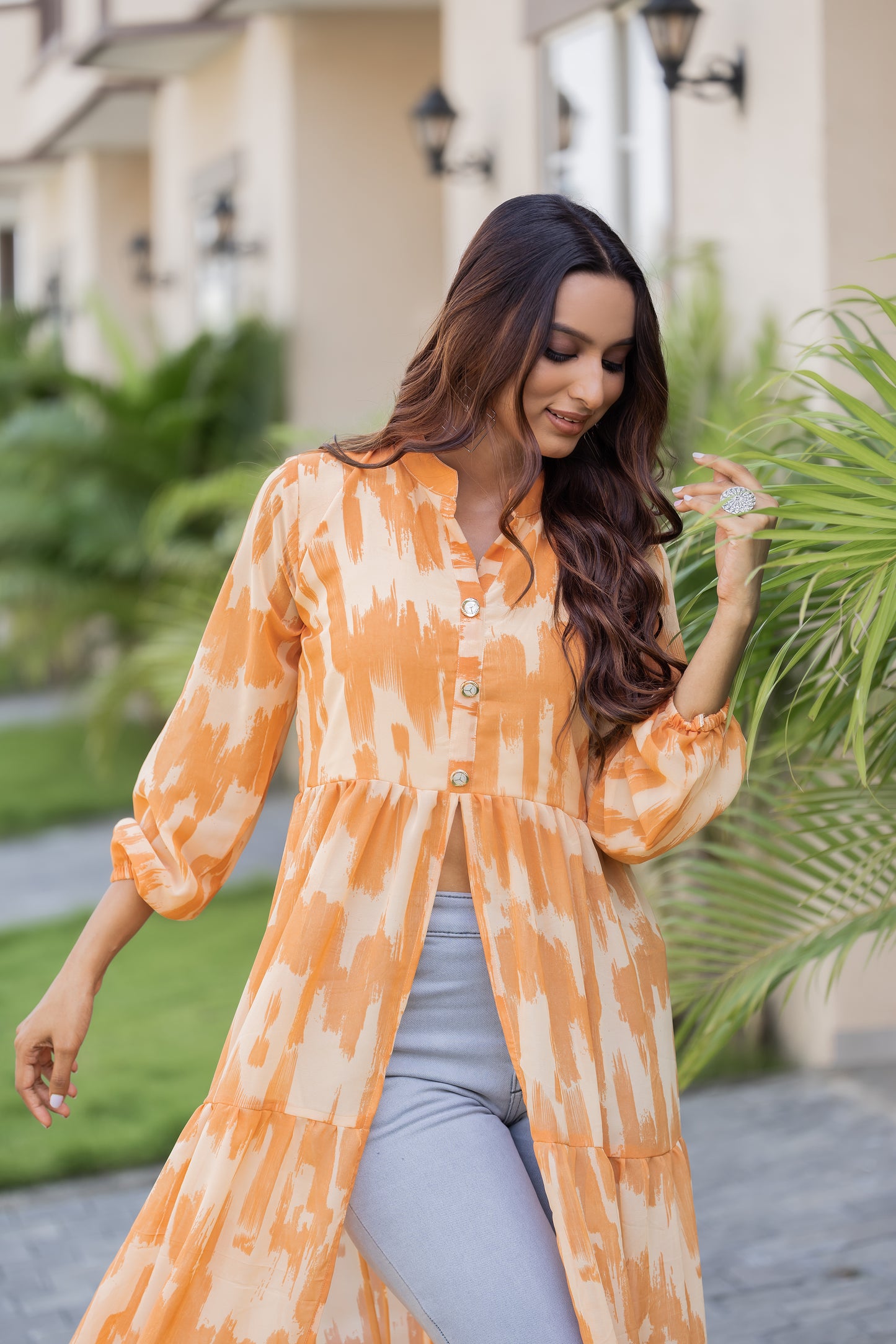 Women's Orange Ikat Printed Long Kurti with Front Button Closure & Flared Hem