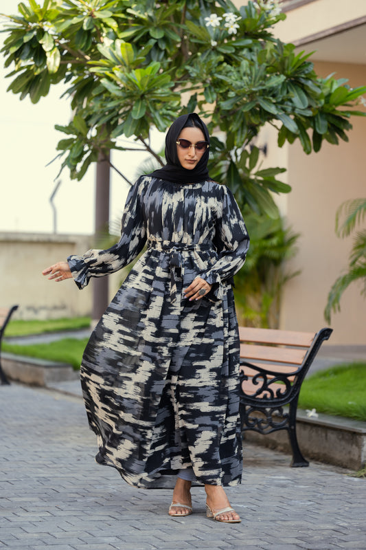 Modest Black Printed Georgette Maxi Dress with Round Neck & Waist Belt