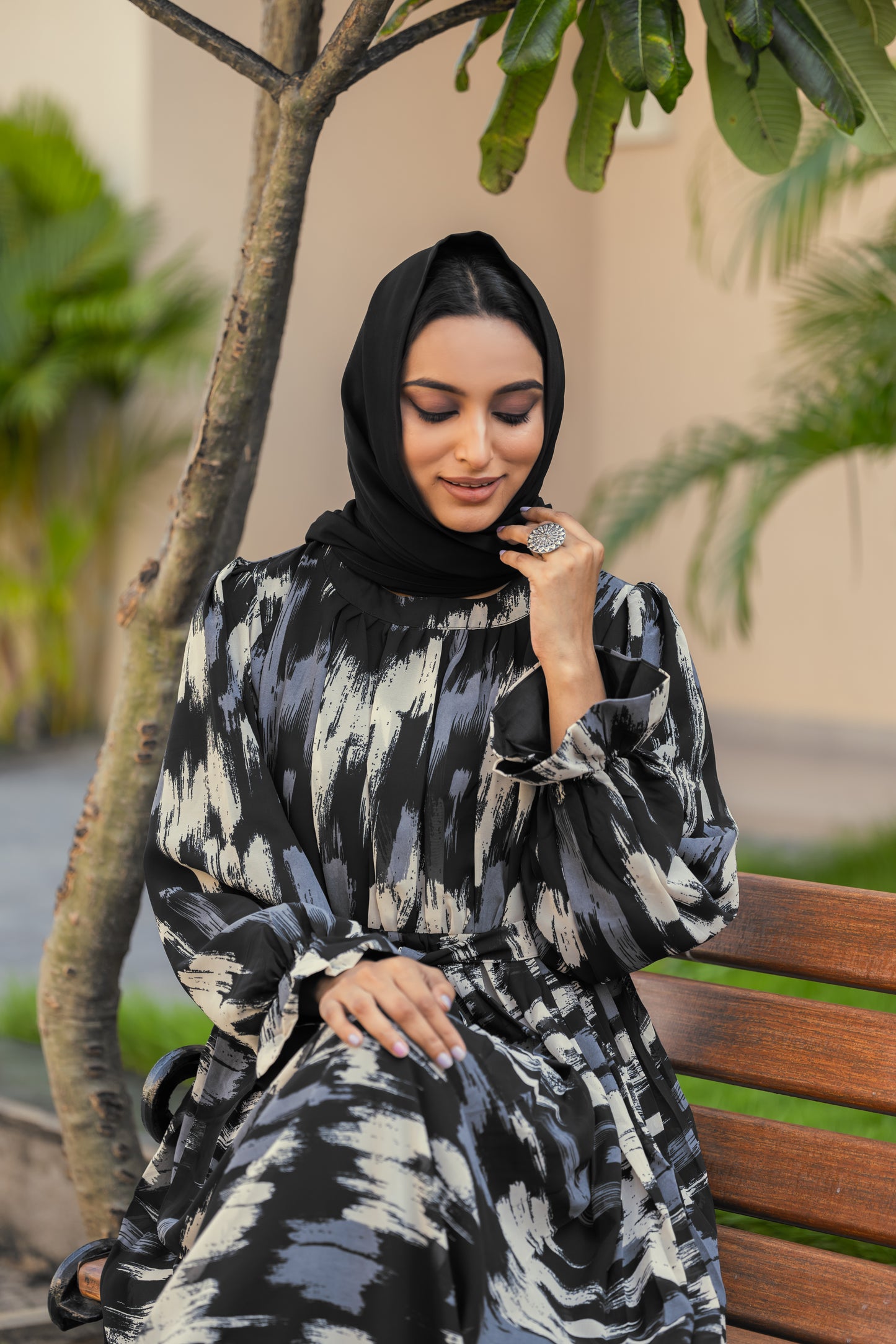 Modest Black Printed Georgette Maxi Dress with Round Neck & Waist Belt