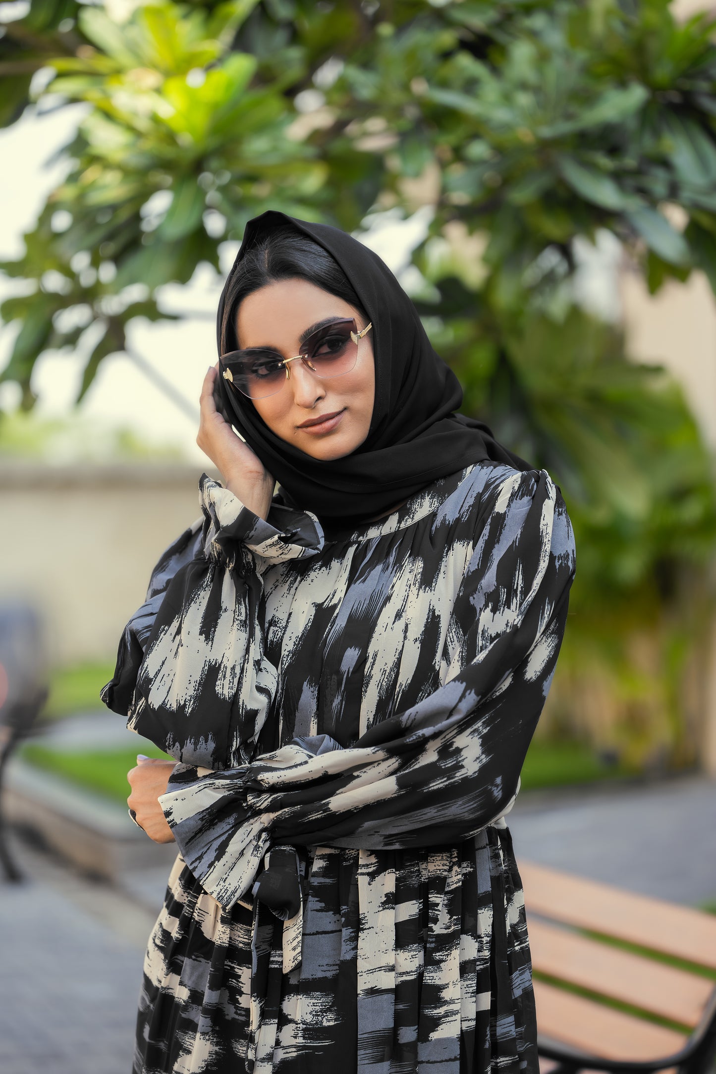 Modest Black Printed Georgette Maxi Dress with Round Neck & Waist Belt