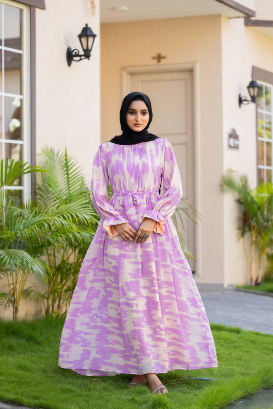 Women's Purple Abstract Print Maxi Dress with Belt & Puff Sleeves