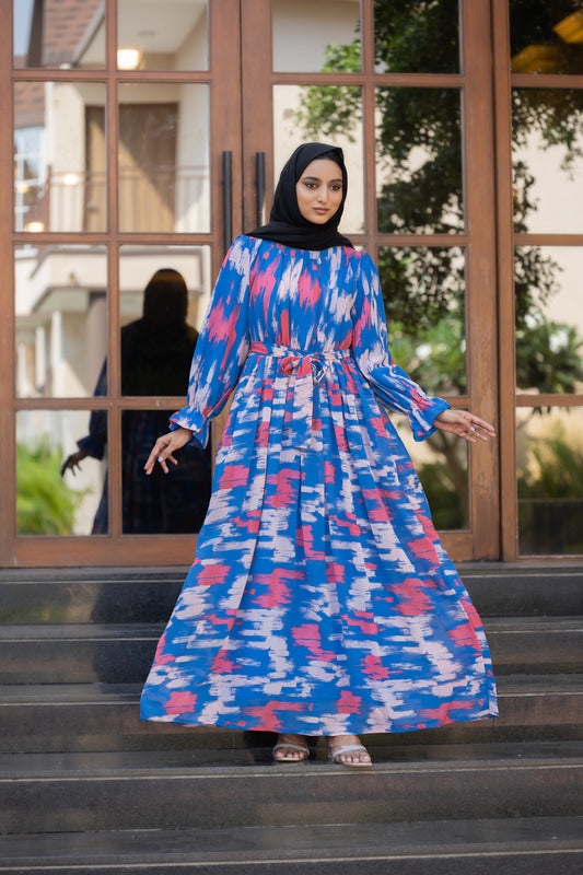 Elegant Blue & Pink Abstract Print Maxi Dress with Belt – Modest Full Sleeve Abaya for Women