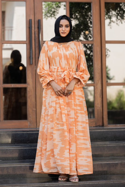 Elegant Orange Printed Maxi Dress for Women – Full Length, Belted, Modest Fashion