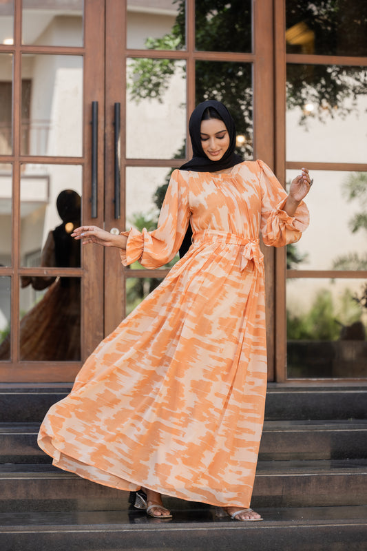 Elegant Orange Printed Maxi Dress for Women – Full Length, Belted, Modest Fashion