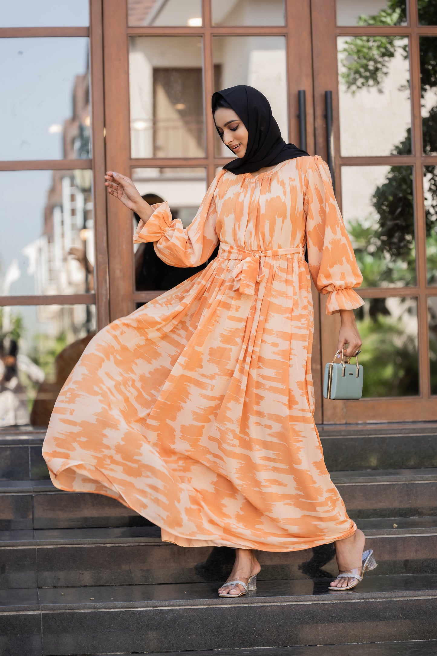 Elegant Orange Printed Maxi Dress for Women – Full Length, Belted, Modest Fashion
