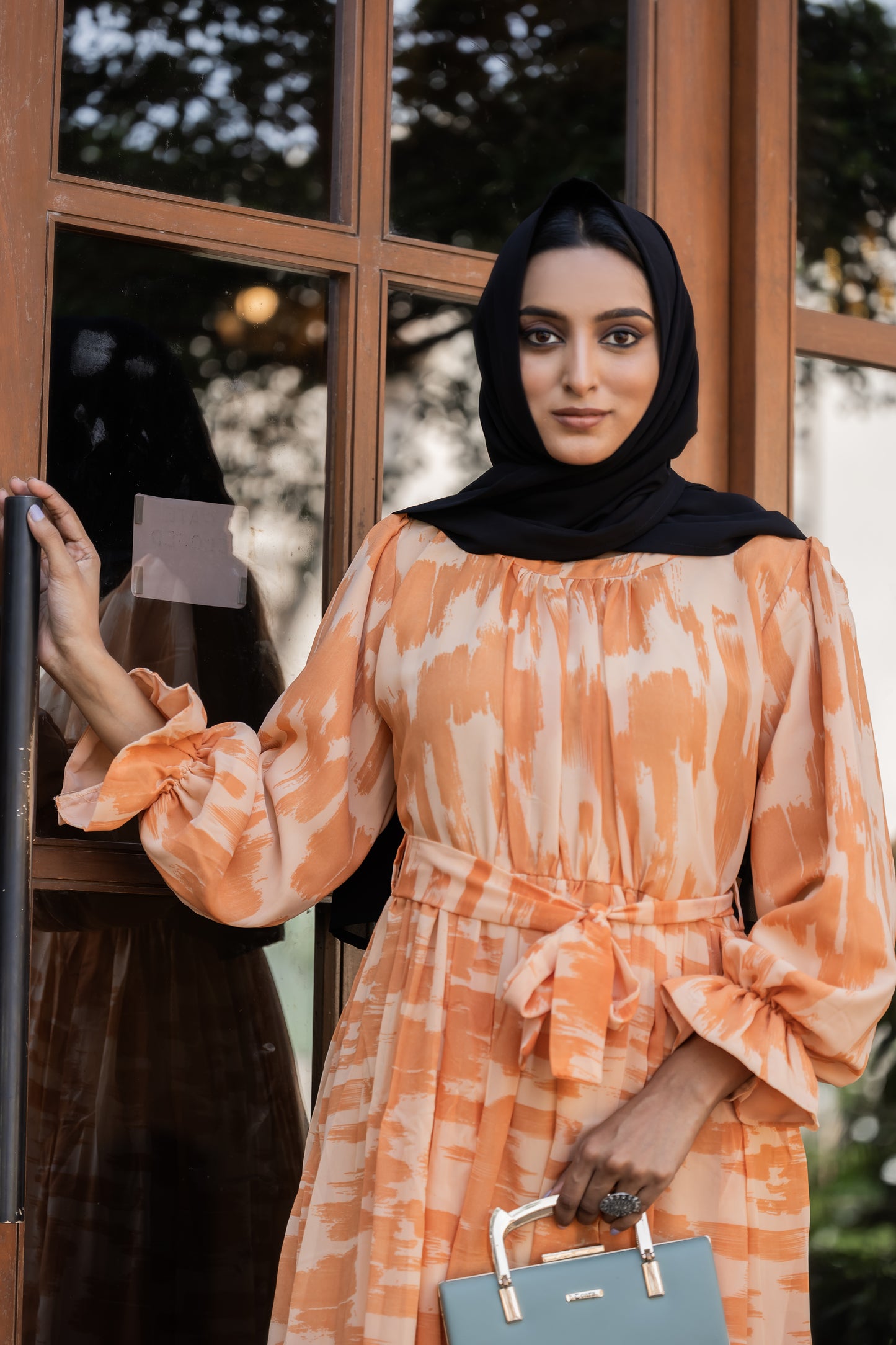 Elegant Orange Printed Maxi Dress for Women – Full Length, Belted, Modest Fashion