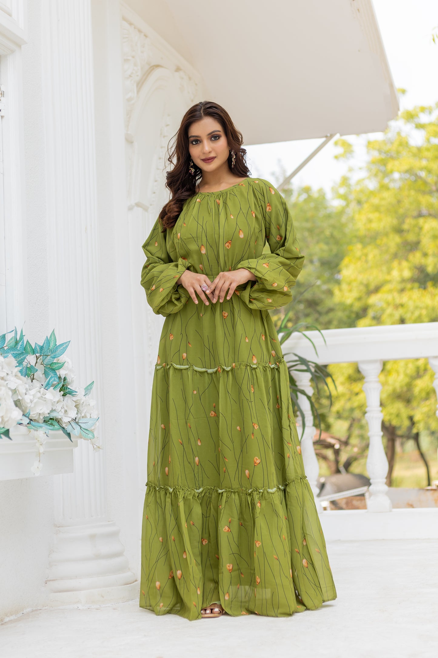 Women's Olive Green Floral Printed Full-Sleeve Tiered Maxi Dress with Round Neck,