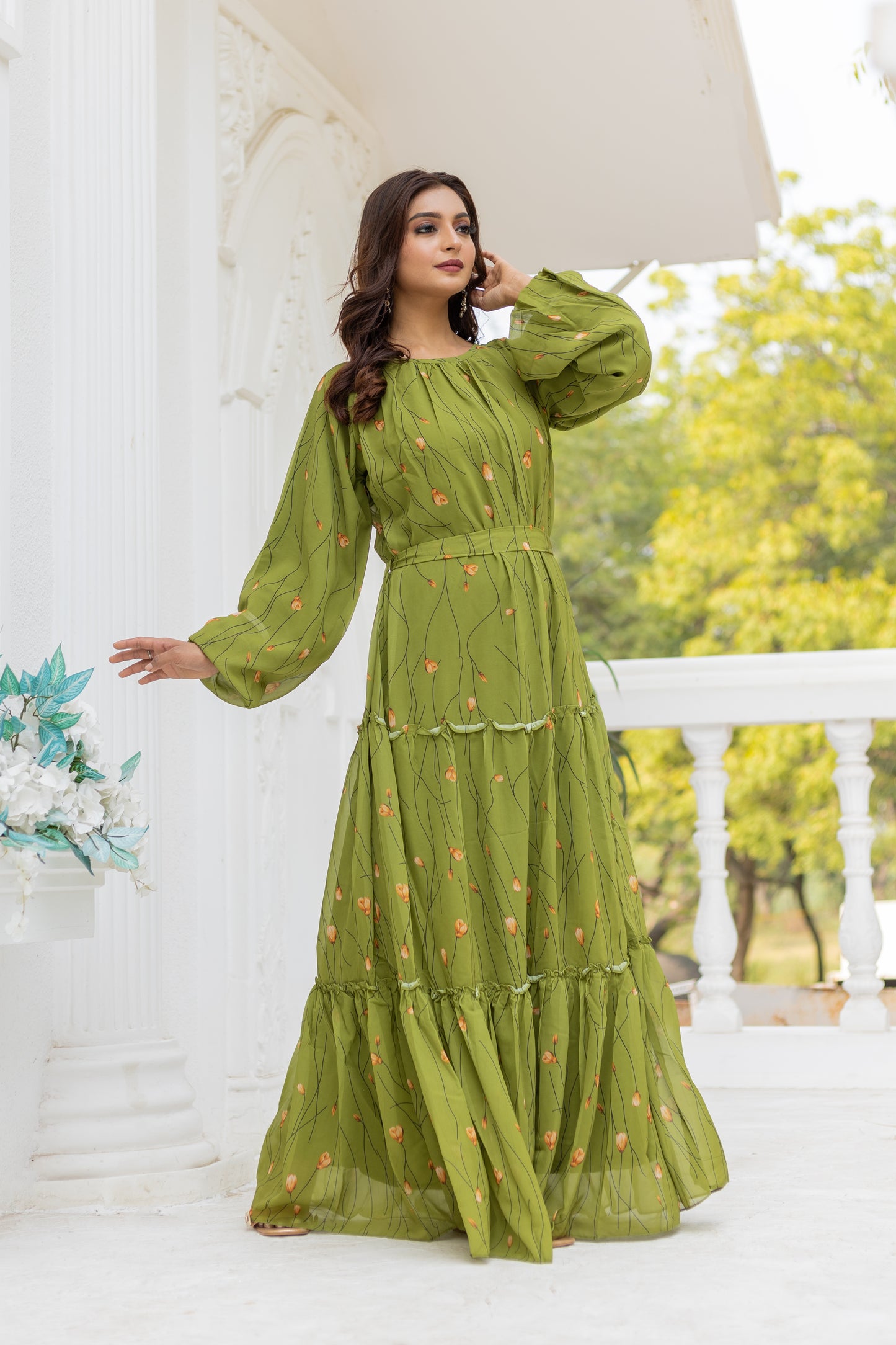 Women's Olive Green Floral Printed Full-Sleeve Tiered Maxi Dress with Round Neck,