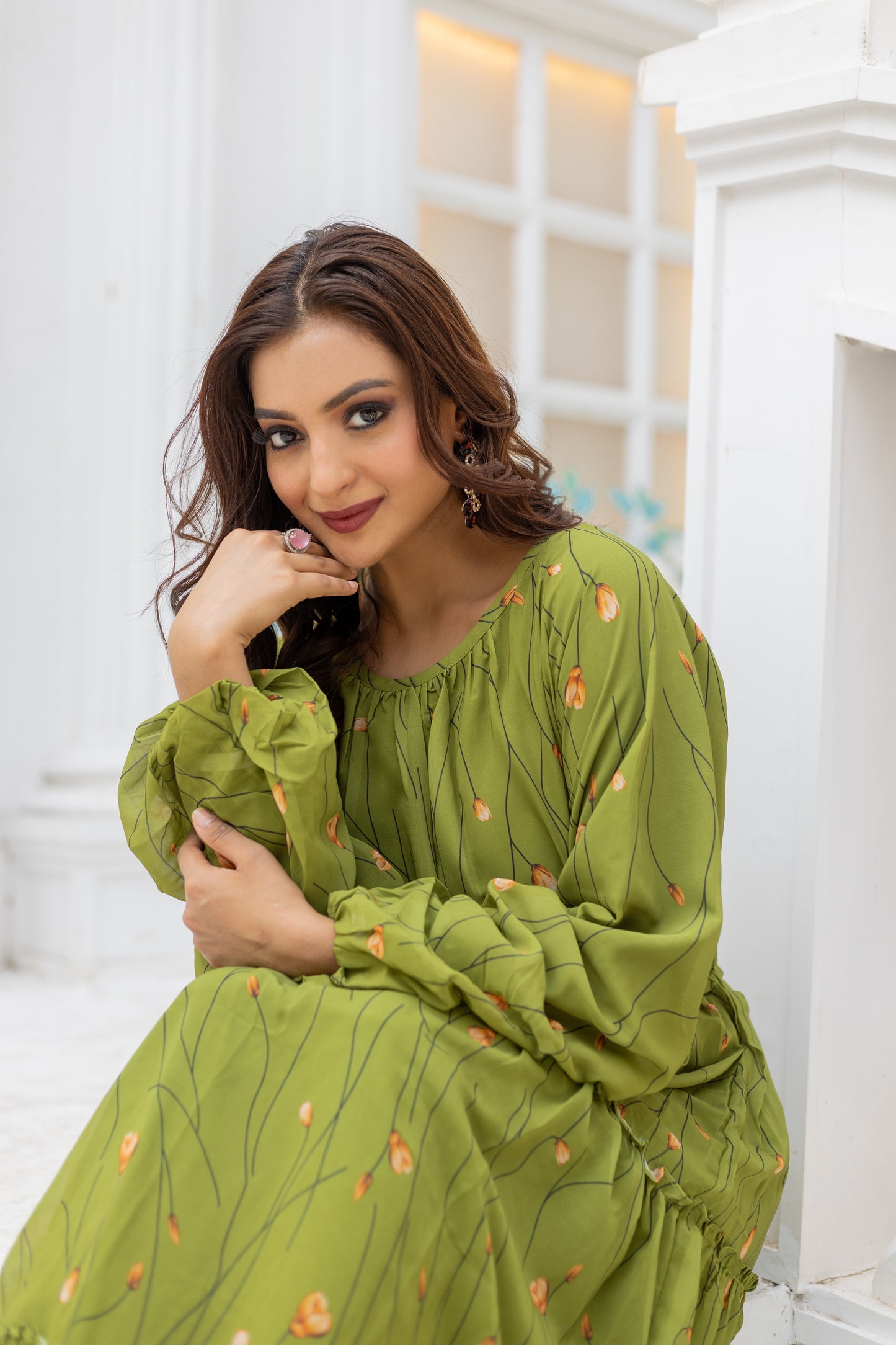 Women's Olive Green Floral Printed Full-Sleeve Tiered Maxi Dress with Round Neck,