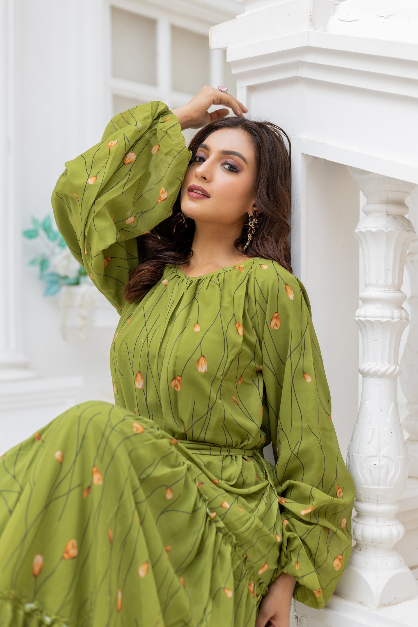 Women's Olive Green Floral Printed Full-Sleeve Tiered Maxi Dress with Round Neck,