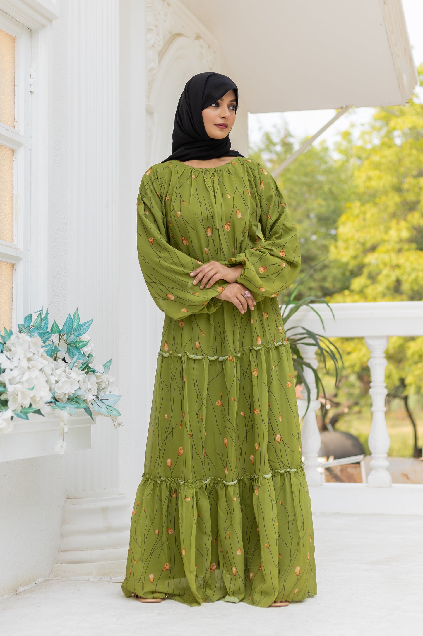 Women's Olive Green Floral Printed Full-Sleeve Tiered Maxi Dress with Round Neck,
