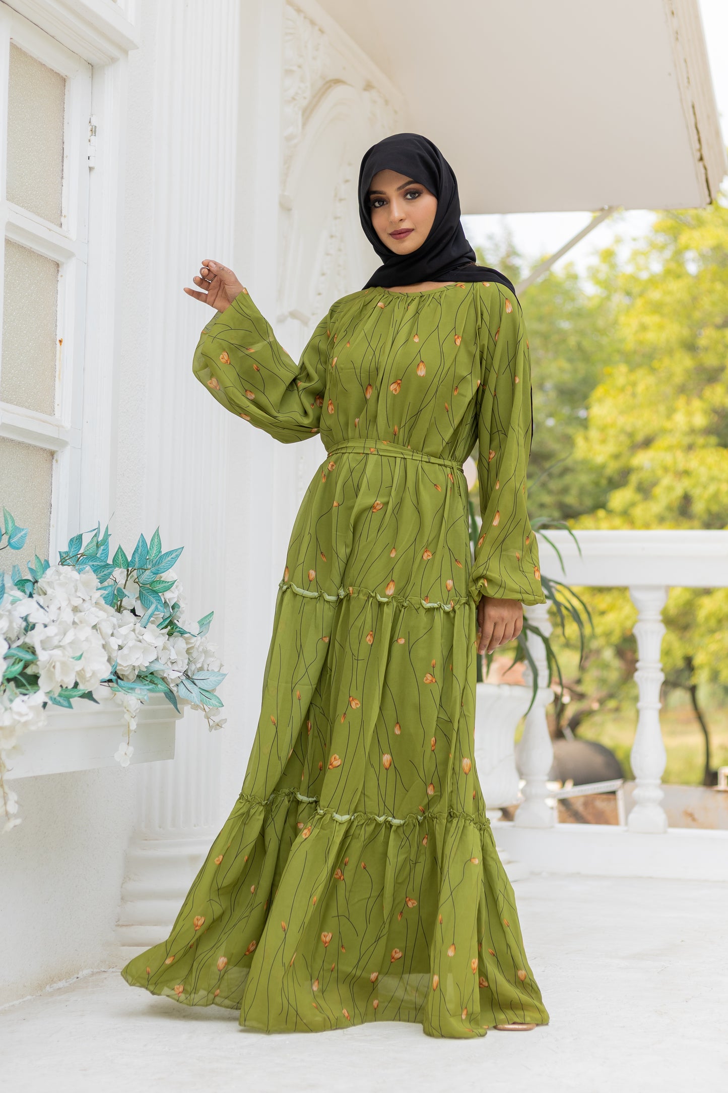 Women's Olive Green Floral Printed Full-Sleeve Tiered Maxi Dress with Round Neck,