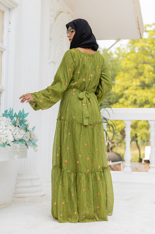 Women's Olive Green Floral Printed Full-Sleeve Tiered Maxi Dress with Round Neck,