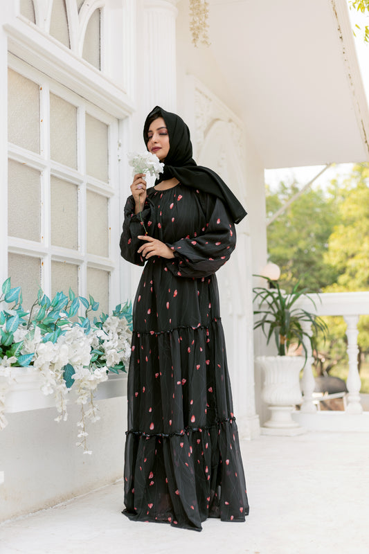 Women's Black Floral Print Tiered Maxi Dress with Puff Sleeves & Waist Belt