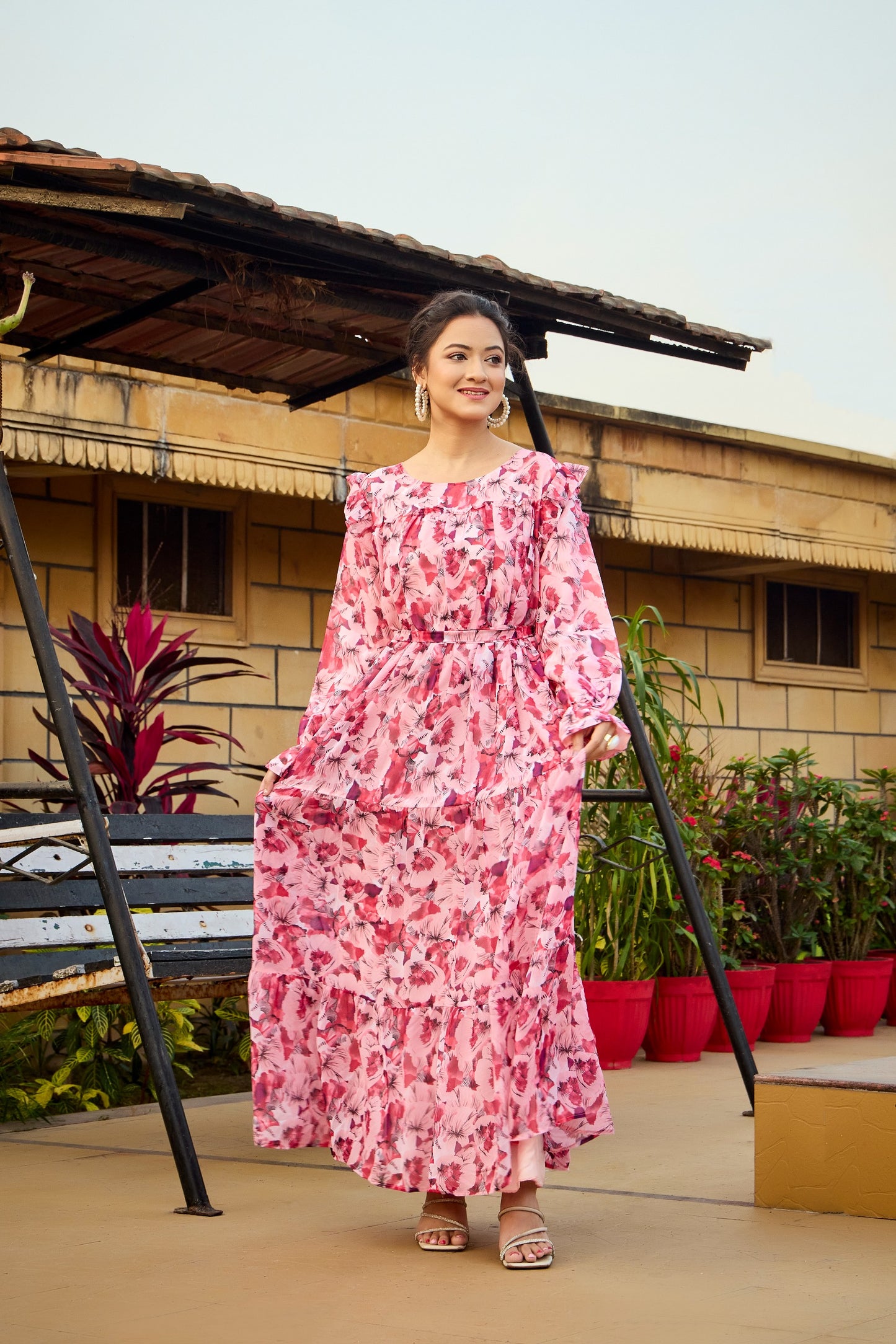 Pink Floral Print Tiered Maxi Dress with Ruffle Detail