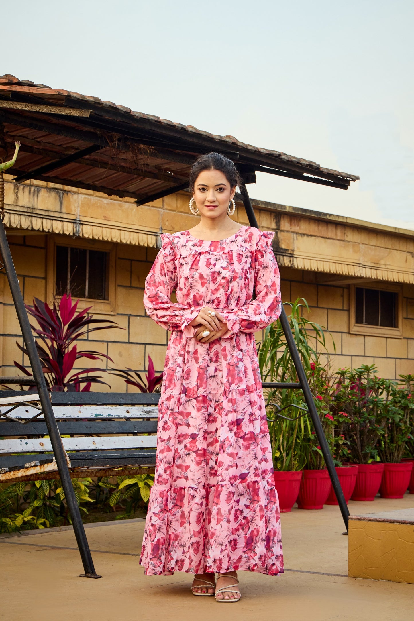 Pink Floral Print Tiered Maxi Dress with Ruffle Detail