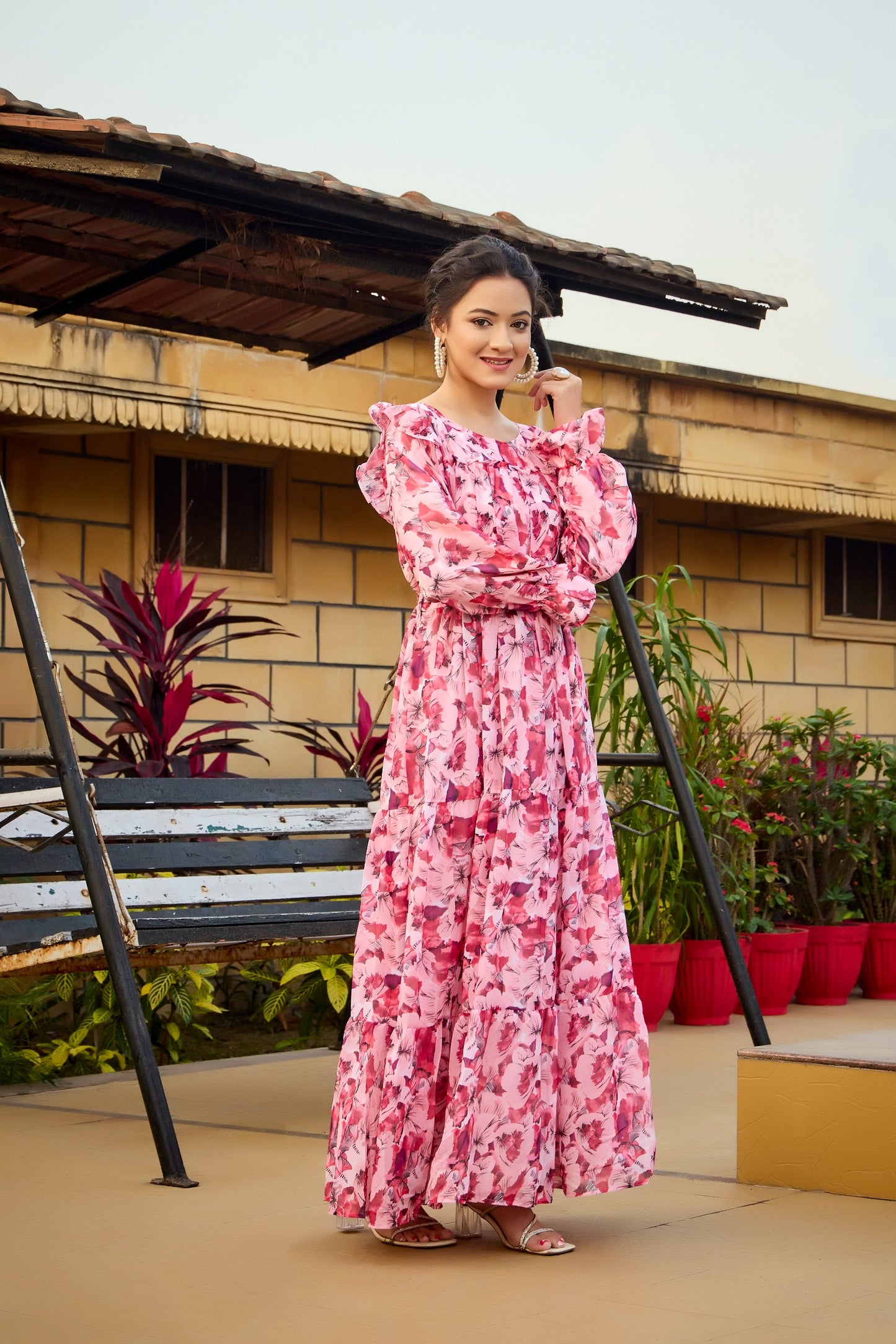 Pink Floral Print Tiered Maxi Dress with Ruffle Detail