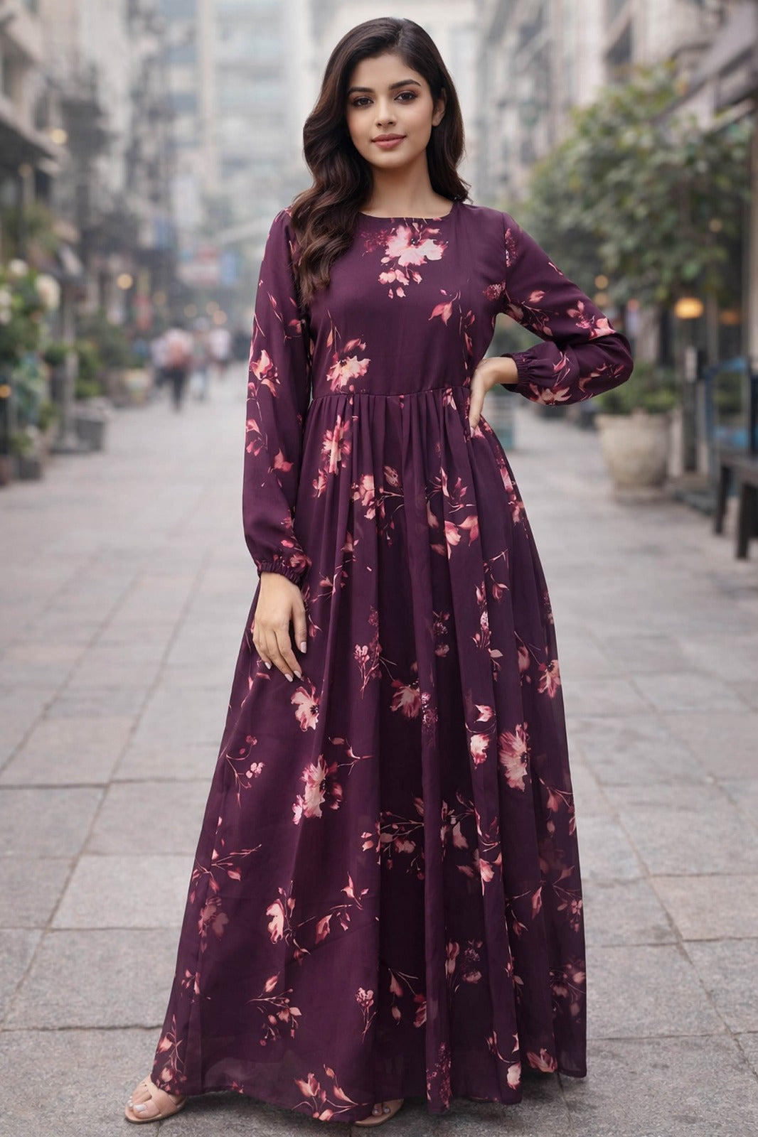 SARINKU Wine Georgette Fabric with crepe lining for no transparency Umbrella Pattern Floral Print Bishop Sleeves with Elastic Cuffs Puff Sleeve Pattern