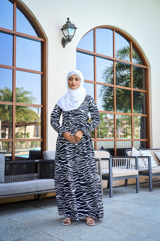 Women's Black & White Zebra Print Crepe Maxi Dress with Belted Waist, Long Sleeves