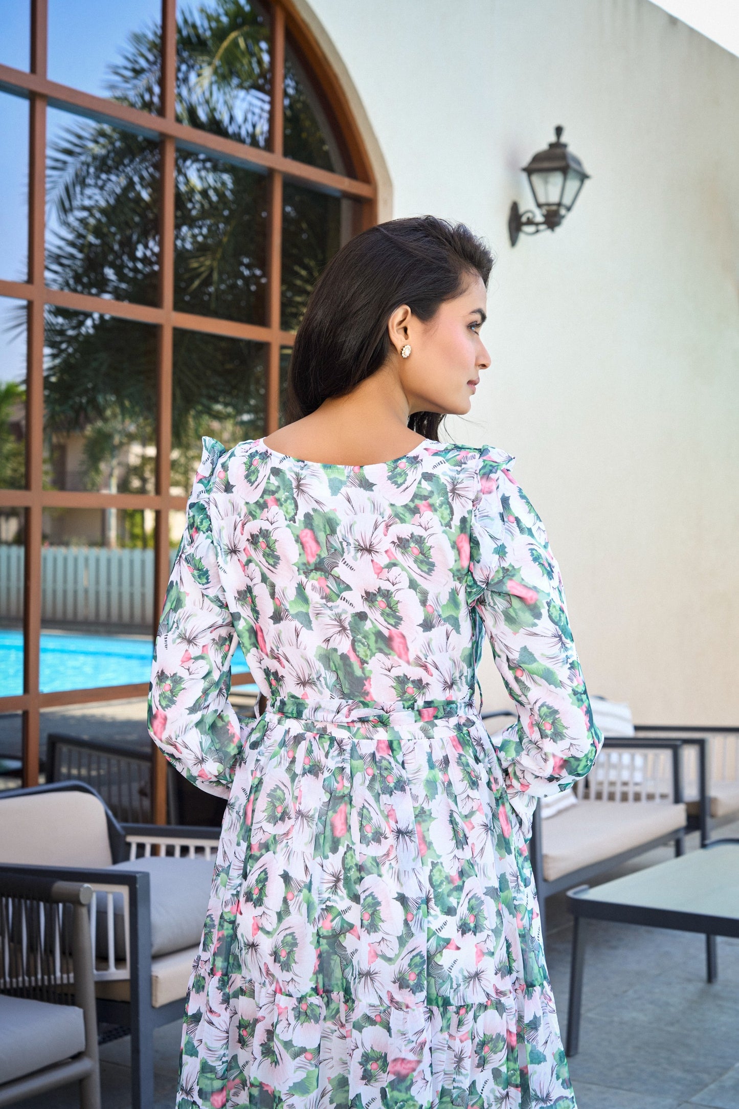 White Floral Print Maxi Dress with Waist Tie & Puff Sleeves