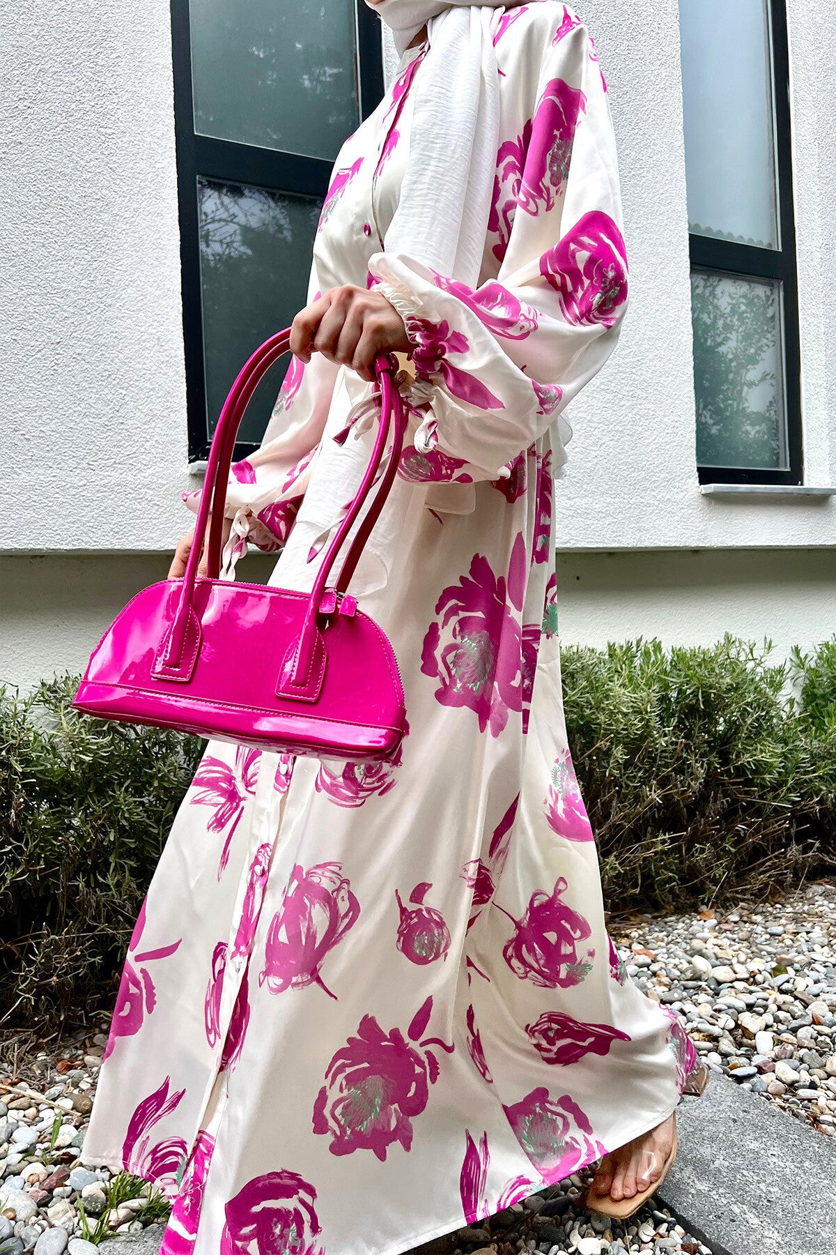 Women's White Nida Maxi Dress with Pink Floral Print & Waist Belt