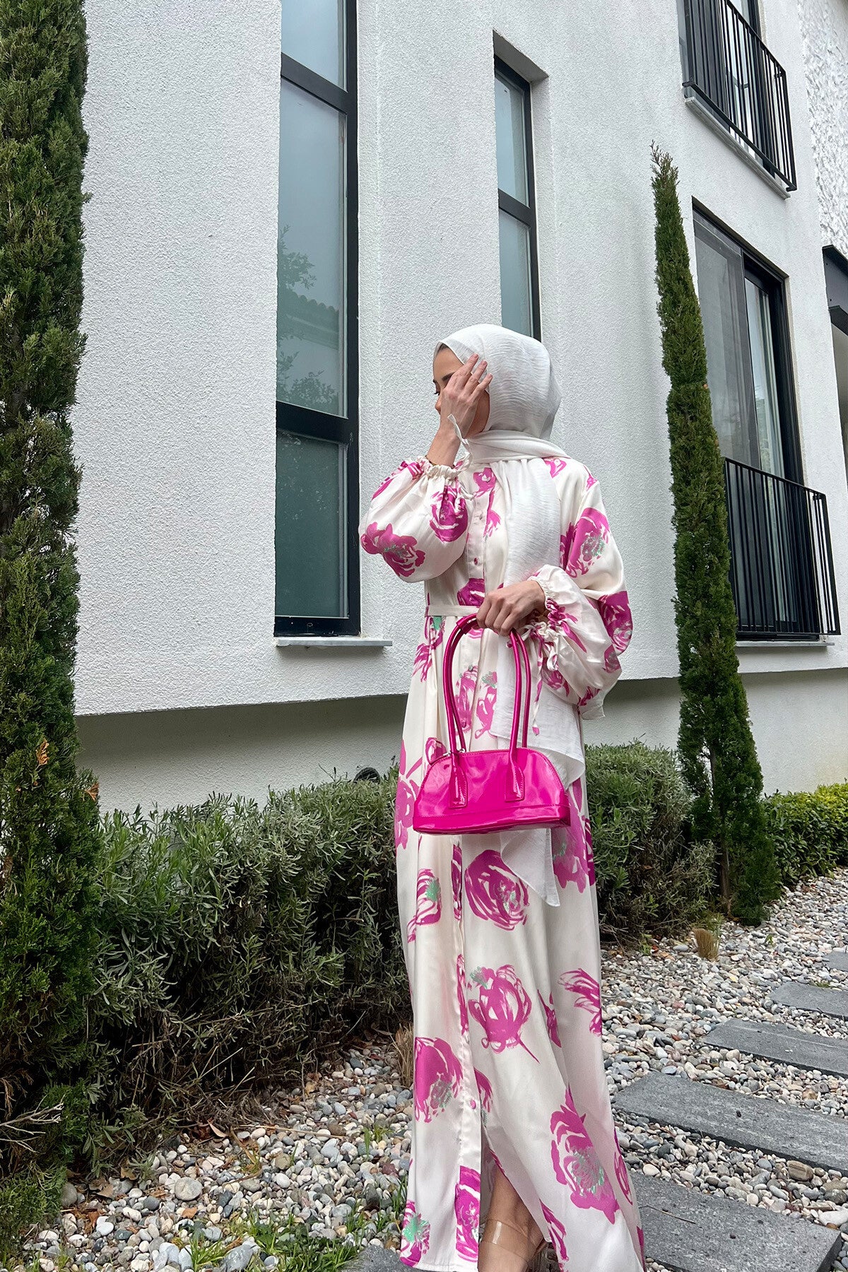 Women's White Nida Maxi Dress with Pink Floral Print & Waist Belt