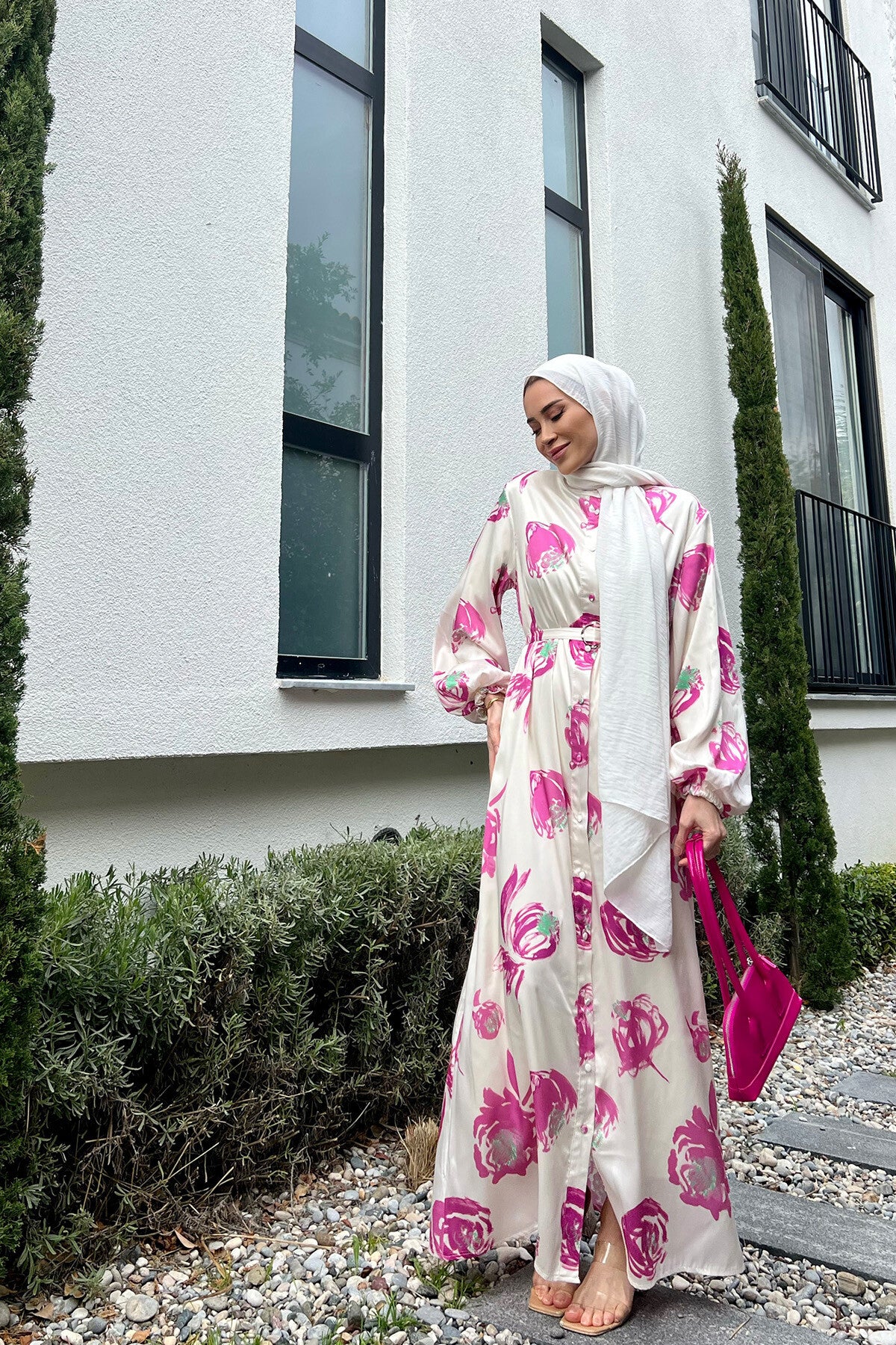 Women's White Nida Maxi Dress with Pink Floral Print & Waist Belt
