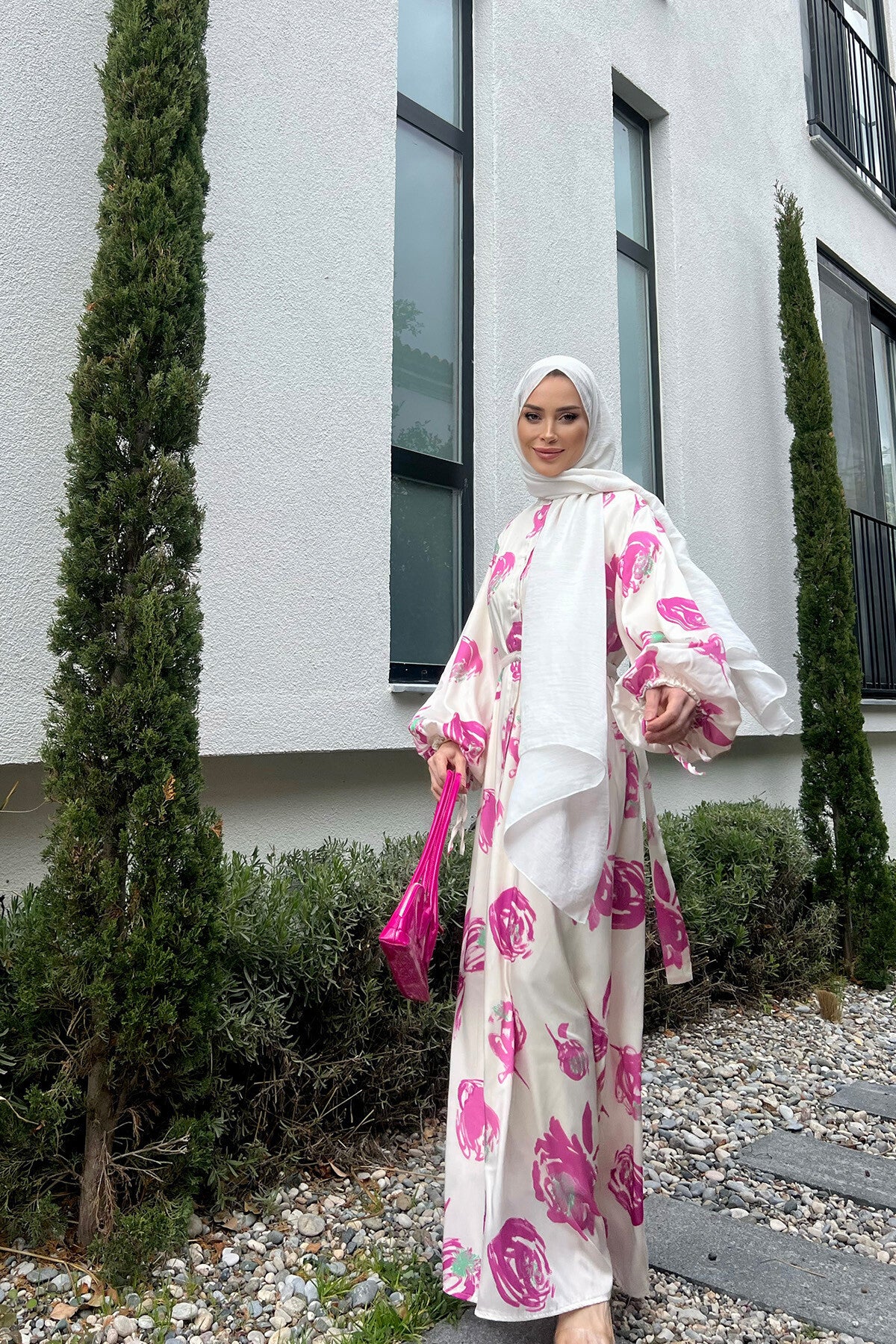 Women's White Nida Maxi Dress with Pink Floral Print & Waist Belt